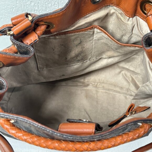 Michael Kors Jet Set Signature Drawstring Tote Brown MK Monogram Leather Trim - Picture 10 of 15